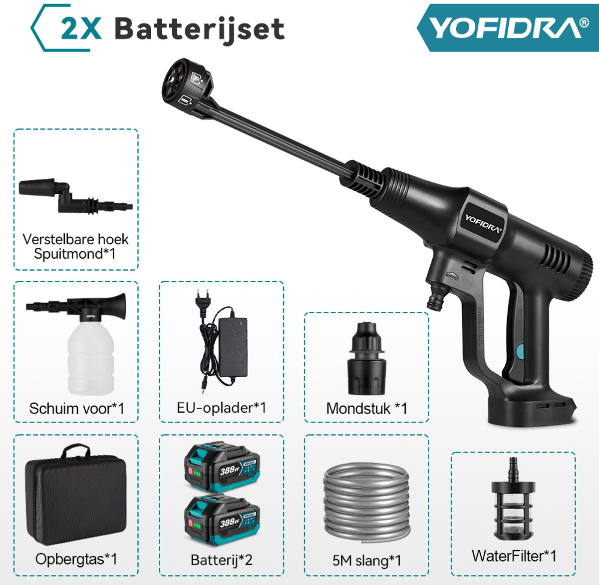 YOFIDRA Draadloze Hogedrukreiniger Set - 2x 18V Accu - Professioneel Auto Detailing