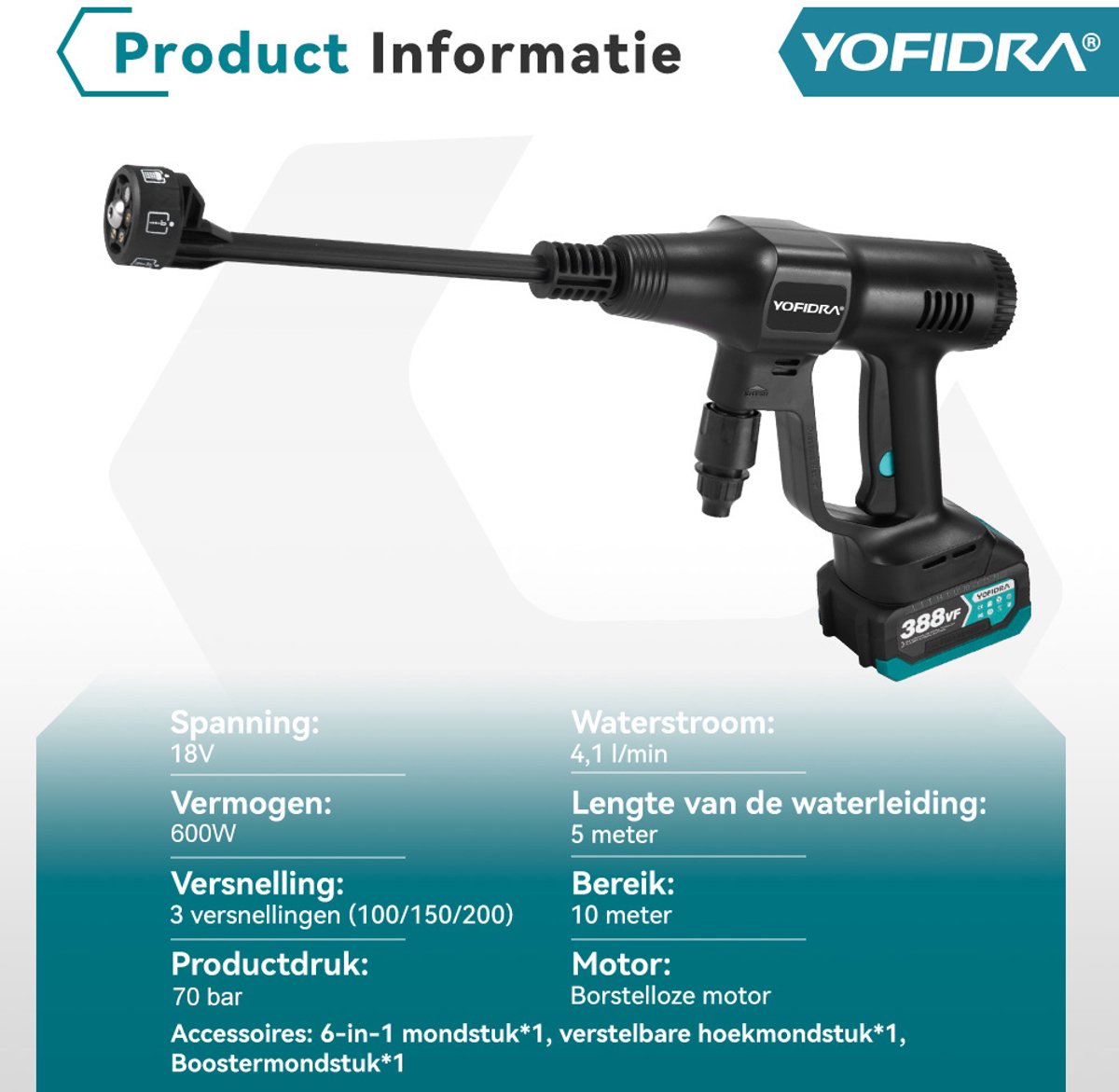 YOFIDRA Draadloze Hogedrukreiniger Set - 2x 18V Accu - Professioneel Auto Detailing